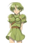  alternate_breast_size armor arms_behind_back breasts character_request dress green_dress green_eyes green_hair kanikame medium_breasts shoulder_armor solo 