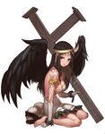  absurdres angel armlet bare_back barefoot black_hair black_wings breasts chain collar cross dress frilled_dress frills gloves highres horn long_hair looking_at_viewer medium_breasts original red_eyes seung_mo_kim sitting solo tattoo wariza white_background white_gloves wings 
