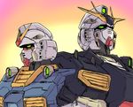  char's_counterattack gradient gradient_background green_eyes gundam highres looking_to_the_side looking_up mecha mobile_suit_gundam no_humans nu_gundam rx-78-2 side-by-side strictly_mecha upper_body 