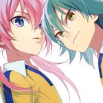  aqua_hair bad_id bad_pixiv_id blue_eyes face inazuma_eleven_(series) inazuma_eleven_go kariya_masaki kirino_ranmaru long_hair male_focus multiple_boys parted_lips pink_hair raimon raimon_soccer_uniform riho soccer_uniform sportswear twintails upper_body white_background 