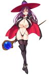  1girl areola_slip areolae breasts curvy full_body huge_breasts looking_at_viewer purple_hair simple_background smash_daisaku solo staff standing white_background witch_hat 