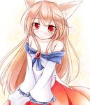  animal_ears brown_hair dress frilled_sleeves frills imaizumi_kagerou long_hair neko_mata off_shoulder red_eyes solo touhou wolf_ears 