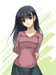  arm_behind_back bangs black_hair breasts brown_eyes character_request collarbone hand_on_own_arm kanikame medium_breasts metal_max ribbed_sweater skirt smile solo sweater 
