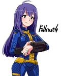  ahoge aqua_eyes bodysuit crossover fallout fallout_4 highres idolmaster idolmaster_million_live! long_hair mochizuki_anna nagami_tami pip_boy purple_hair sketch smile sole_survivor_(female) vault_suit 