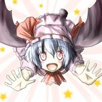  ao-shiba bat_wings blue_hair bow fang flying hat hat_bow incoming_hug mob_cap open_hands open_mouth red_eyes remilia_scarlet solo touhou wings 