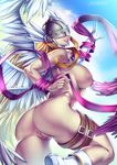  absurdres angel angel_wings angewomon ass belt blonde_hair bokuman breasts covered_eyes digimon elbow_gloves feathered_wings from_behind gloves grin head_wings helmet highres large_breasts long_hair looking_at_viewer looking_back multiple_wings nipples non-web_source nude paid_reward patreon_reward purple_ribbon pussy ribbon seraph single_glove sky smile solo thigh_strap uncensored white_gloves white_wings wings 