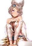  animal_ears bangs bare_shoulders blue_eyes bracelet breasts closed_mouth detached_sleeves erune eyebrows eyebrows_visible_through_hair frills fur_trim granblue_fantasy hair_ornament halterneck head_tilt heart heart_hair_ornament jewelry large_breasts looking_at_viewer mole mole_under_mouth short_hair sideboob silver_hair simple_background sitting solo sutera_(granblue_fantasy) swept_bangs thighhighs wariza white_background white_legwear yaman 