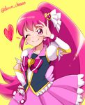  aino_megumi bow brooch cowboy_shot cure_lovely don_(748826) earrings hair_ornament hand_on_hip happinesscharge_precure! heart heart_earrings heart_hair_ornament jewelry long_hair looking_at_viewer magical_girl money_gesture one_eye_closed pink_bow pink_eyes pink_hair pink_skirt precure skirt smile solo twitter_username wide_ponytail wrist_cuffs yellow_background 