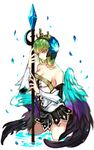  breasts c.c. cleavage code_geass cosplay creayus crown detached_sleeves feathered_wings green_hair gwendolyn gwendolyn_(cosplay) holding holding_weapon long_hair looking_at_viewer medium_breasts multicolored multicolored_wings odin_sphere polearm smile solo spear weapon wings yellow_eyes 