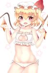  bad_id bad_twitter_id blonde_hair cat_ear_panties cat_lingerie cleavage_cutout crystal fang flandre_scarlet hat hat_ribbon highres looking_at_viewer meme_attire midriff mob_cap navel open_mouth panties papo paw_pose red_eyes ribbon short_hair side-tie_panties side_ponytail smile solo star touhou underwear white_background wings 