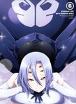 arachne ass breasts carapace chin_rest claws cover detached_sleeves dvd_cover extra_eyes hair_between_eyes highres insect_girl large_breasts lavender_hair monster_girl monster_musume_no_iru_nichijou multiple_legs official_art rachnera_arachnera red_eyes smile solo spider_girl 