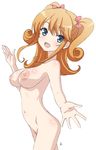  1girl :d aqua_eyes blush breasts female from_side girlfriend_(kari) hair_ornament hair_ribbon long_hair navel nipples nude open_hands open_mouth orange_hair pubic_hair ribbon sagara_emi signature simple_background smile solo two_side_up vzmk2 white_background 