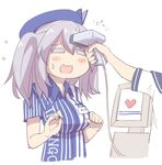  :3 barcode_scanner beret blush closed_eyes employee_uniform flying_sweatdrops grey_hair hat heart kantai_collection kashima_(kantai_collection) lawson name_tag open_mouth silver_bell solo_focus striped sweatdrop two_side_up uniform vertical_stripes 