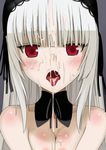  1girl bare_shoulders blush breast_squeeze breasts cum cum_in_mouth cum_on_hair detached_collar facial gothic highres long_hair looking_at_viewer nude open_mouth red_eyes rozen_maiden simple_background solo suigintou tears teitetsu_kishidan tongue tongue_out upper_body white_hair 