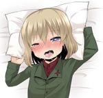  blonde_hair blue_eyes blush drooling girls_und_panzer hairband heart heart-shaped_pupils implied_sex katyusha leafy_(kitsuneya) military military_uniform open_mouth pillow pillow_grab pravda_school_uniform short_hair solo symbol-shaped_pupils tears uniform 