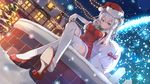  absurdres bell capelet christmas christmas_lights christmas_tree crossed_legs elbow_gloves gloves hat high_heels highres kantai_collection kashima_(kantai_collection) poly sack santa_costume santa_hat shoe_dangle shoes smile snow solo thighhighs white_hair white_legwear 