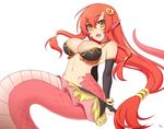  :d breasts elbow_gloves fang gloves kuroonehalf lamia large_breasts long_hair low-tied_long_hair miia_(monster_musume) monster_girl monster_musume_no_iru_nichijou navel open_mouth pointy_ears red_hair scales sidelocks signature simple_background slit_pupils smile solo very_long_hair white_background yellow_eyes 