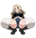  absurdly_fat_mons ass_visible_through_thighs ass_zipper blonde_hair blue_eyes blue_shorts blush cameltoe commentary_request crop_top cutoffs denim denim_shorts eyebrows eyebrows_visible_through_hair fat_mons full_body girls_und_panzer image_sample jun_(rojiura_jack) kay_(girls_und_panzer) long_hair looking_at_viewer micro_shorts midriff military military_uniform navel pixiv_sample saunders_military_uniform shorts smile solo spread_legs squatting thick_thighs thighhighs thighs uniform white_legwear zipper zipper_pull_tab 