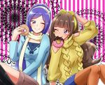  amanogawa_kirara aono_miki aran_sweater blue_bow blue_eyes blue_shirt bow brown_hair brown_legwear chocolate_doughnut don_(748826) doughnut earrings food food_in_mouth fresh_precure! go!_princess_precure hairband jewelry long_hair looking_at_another mouth_hold multiple_girls one_eye_closed pantyhose precure purple_eyes purple_hair scarf shirt shorts smile star star_earrings striped striped_background sweater yellow_shirt 
