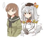  animal_ears beret black_eyes blush breasts brown_hair buttons commentary_request dog_ears dog_tail epaulettes flying_sweatdrops frilled_sleeves frills gloves hat jacket kantai_collection kashima_(kantai_collection) kemonomimi_mode kerchief large_breasts long_hair long_sleeves military military_uniform multiple_girls ooi_(kantai_collection) rebecca_(keinelove) red_ribbon ribbon school_uniform serafuku sidelocks silver_hair simple_background sleeve_tug tail tail_wagging twintails uniform upper_body white_background white_gloves 