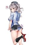  ? ass beret blue_eyes blush breasts convenience_store employee_uniform ganari_ryuu hat highres kantai_collection kashima_(kantai_collection) large_breasts lawson long_hair looking_back miniskirt panties pantyshot shirt shop sidelocks silver_hair sketch skirt solo spoken_question_mark striped striped_panties striped_shirt tsurime twintails underwear uniform vertical-striped_shirt vertical_stripes 