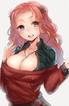  aran_sweater blue_eyes blush breasts cleavage collarbone diana_(kyokugen_dasshutsu) freckles jewelry kyokugen_dasshutsu large_breasts long_hair long_sleeves looking_at_viewer naso4 necklace open_mouth red_hair simple_background smile solo sweater white_background zero_time_dilemma 