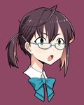  birii blue-framed_eyewear brown_hair glasses green_eyes kantai_collection okinami_(kantai_collection) open_mouth ribbon short_hair simple_background solo 
