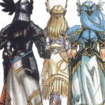  armor armored_dress black_armor blonde_hair blue_armor blue_hair braid cowboy_shot feathers from_behind gloves head_wings helmet hrist_valkyrie lenneth_valkyrie long_hair lowres multiple_girls official_art siblings silmeria_valkyrie silver_hair sisters standing tiara valkyrie valkyrie_profile very_long_hair white_background 