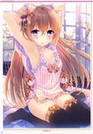  animal_ears armpits arms_up blonde_hair blush breasts camisole cat_ears cleavage collarbone frill_trim hair_ribbon highres long_hair looking_at_viewer medium_breasts no_pants on_bed original purple_eyes ribbon sitting solo thighhighs undressing wariza yadapot zettai_ryouiki 