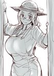  breasts freckles glasses gloves hat large_breasts looking_at_viewer monochrome sketch smile solo tsuda_nanafushi 