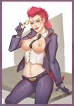  breasts capcom crimson_viper eva_solo glasses glasses_removed looking_at_viewer necktie nipples pompadour red_hair street_fighter street_fighter_iv 