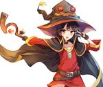  belt black_gloves black_hair blush cape collar commentary_request dress fingerless_gloves gloves hat kono_subarashii_sekai_ni_shukufuku_wo! looking_at_viewer megumin open_mouth red_dress red_eyes scepter short_hair solo staff tsuedzu v witch_hat 