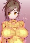  :&lt; bangs braid breasts brown_hair closed_mouth earrings eyebrows eyebrows_visible_through_hair eyelashes gradient gradient_background heart heart_earrings hyoudou_rena idolmaster idolmaster_cinderella_girls jewelry large_breasts long_hair ono_misao pink_background ribbed_sweater solo sweater swept_bangs turtleneck upper_body yellow_eyes 