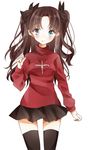  1girl aqua_eyes black_thighhighs blush bow brown_hair chima chima_(fusigiko) fate/stay_night fate_(series) female hair_bow hair_ornament head_tilt long_hair long_sleeves looking_at_viewer skirt smile solo standing thighhighs tohsaka_rin twintails zettai_ryouiki 