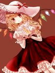  :o ascot blonde_hair blush demon_wings flandre_scarlet frilled_hat frilled_skirt frills gloves hands_clasped hat hat_ribbon looking_at_viewer own_hands_together petticoat puffy_short_sleeves puffy_sleeves red_eyes red_ribbon red_skirt ribbon short_sleeves side_ponytail skirt solo sun_hat touhou white_gloves wings yuki_201 