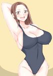  absurdres arm_up armpits bad_id bad_pixiv_id breasts brown_eyes brown_hair cleavage groin highres large_breasts looking_at_viewer sideboob simple_background sketch smile solo swimsuit thighs vol.2 wide_hips yellow_eyes 