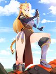  alternate_costume armor armored_dress bad_id bad_tumblr_id blonde_hair blue_eyes braid dagger forehead_jewel fur_trim highres long_hair pelvic_curtain princess_zelda smile solo sticky_(stickysheep) the_legend_of_zelda tiara weapon zelda_musou 