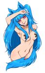  :p animal_ears bad_id bad_tumblr_id blue_hair borrowed_design breasts collar commentary fire_emblem fire_emblem:_kakusei fox_ears fox_tail fusion hawn heart highres holo long_hair medium_breasts mole mole_under_eye nail_polish navel nude pasties pink_eyes purple_nails solo spice_and_wolf tail tail_censor tharja tongue tongue_out transparent_background two_side_up v very_long_hair 