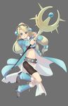  :d aqua_eyes atelier_(series) atelier_marie bangs belt bike_shorts blonde_hair blue_eyes boots full_body grey_background hair_ornament highres holding holding_staff jumping kawagoe_pochi knee_boots leg_warmers long_coat long_hair long_sleeves low-tied_long_hair magician marie_(atelier) navel open_mouth outstretched_arm parted_bangs simple_background smile solo staff 