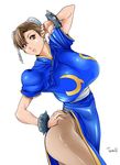  1girl breasts brown_eyes brown_hair chun-li curvy double_bun earrings huge_breasts jewelry large_breasts pixiv_manga_sample pose simple_background solo spiked_bracelet street_fighter street_fighter_ii tuna21 wide_hips 