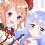  :d :o arietta beret blue_eyes blush brooch capelet ebiwara gem gochuumon_wa_usagi_desu_ka? hair_ornament hairclip hat hoto_cocoa jewelry kafuu_chino long_hair looking_at_viewer multiple_girls open_mouth orange_hair parted_lips purple_eyes round_teeth shironeko_project short_hair smile teeth very_long_hair 