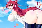  :p ass back_cutout black_legwear blush breasts brown_eyes elbow_gloves from_behind gloves highres kousaka_tamaki kurokuroko2 large_breasts long_hair looking_at_viewer looking_back red_hair school_swimsuit skindentation smile solo swimsuit thighhighs to_heart_2 tongue tongue_out white_school_swimsuit white_swimsuit 