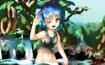  artist_name bare_shoulders blue_eyes blue_hair bottomless breasts collarbone fang groin hair_bobbles hair_ornament hand_up kawashiro_nitori looking_at_viewer navel one_eye_closed open_mouth partially_submerged short_hair small_breasts smile solo tank_top touhou twintails two_side_up water water_drop welt_(kinsei_koutenkyoku) 