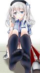  black_legwear blue_eyes blush breasts cellphone employee_uniform feet hat highres kantai_collection kashima_(kantai_collection) large_breasts lawson long_hair oouso open_mouth phone pov_feet shirt shoes_removed silver_hair sitting skirt smartphone socks soles solo striped toes twintails uniform 