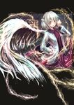  bow bowtie dress electricity hand_in_pocket highres jacket kishin_sagume long_sleeves open_clothes open_mouth poyosuke purple_dress red_eyes shirt short_hair silver_hair single_wing smile solo touhou wings 