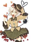  black_legwear eyeball green_eyes hat hat_ribbon heart heart_of_string komeiji_koishi long_sleeves looking_at_viewer mouth_hold pig_ggul ribbon shirt short_hair silver_hair simple_background skirt smile solo string thighhighs third_eye too_many too_many_hearts touhou white_background wide_sleeves zettai_ryouiki 