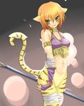  animal_ears blush breasts breath_of_fire breath_of_fire_ii cat_ears cat_tail duplicate facial_mark furry gloves gradient gradient_background green_eyes midriff no_panties no_pants orange_hair pointy_ears red_hair rinpoo_chuan sato_toshiya short_hair solo staff tail 