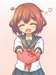 ^_^ blush box brown_hair closed_eyes commentary_request fang hair_ornament hairclip heart heart-shaped_box ikazuchi_(kantai_collection) incoming_gift kantai_collection ki_hadachi neckerchief open_mouth red_neckwear school_uniform serafuku short_hair solo valentine 