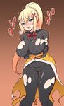  blonde_hair blue_eyes blush bodysuit bow breasts breath covered_nipples crossed_arms darkness_(konosuba) gabayo hair_ornament hairclip heart heart-shaped_pupils heavy_breathing holding_arm kono_subarashii_sekai_ni_shukufuku_wo! large_breasts long_hair looking_at_viewer masochism open_mouth ponytail sidelocks solo symbol-shaped_pupils torn_clothes trembling very_long_hair 