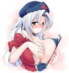  blush breasts clipboard covered_nipples fuurisuto grabbing grey_eyes hat highres large_breasts long_hair nurse_cap open_clothes silver_hair smile solo touhou upper_body yagokoro_eirin 